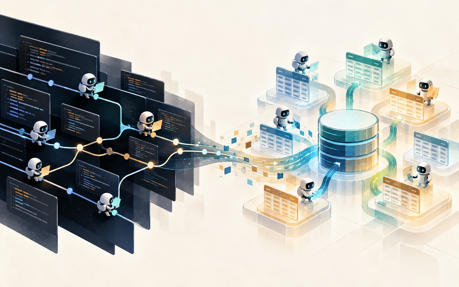 Editorial illustration showing agents moving from code workflows into data workflows