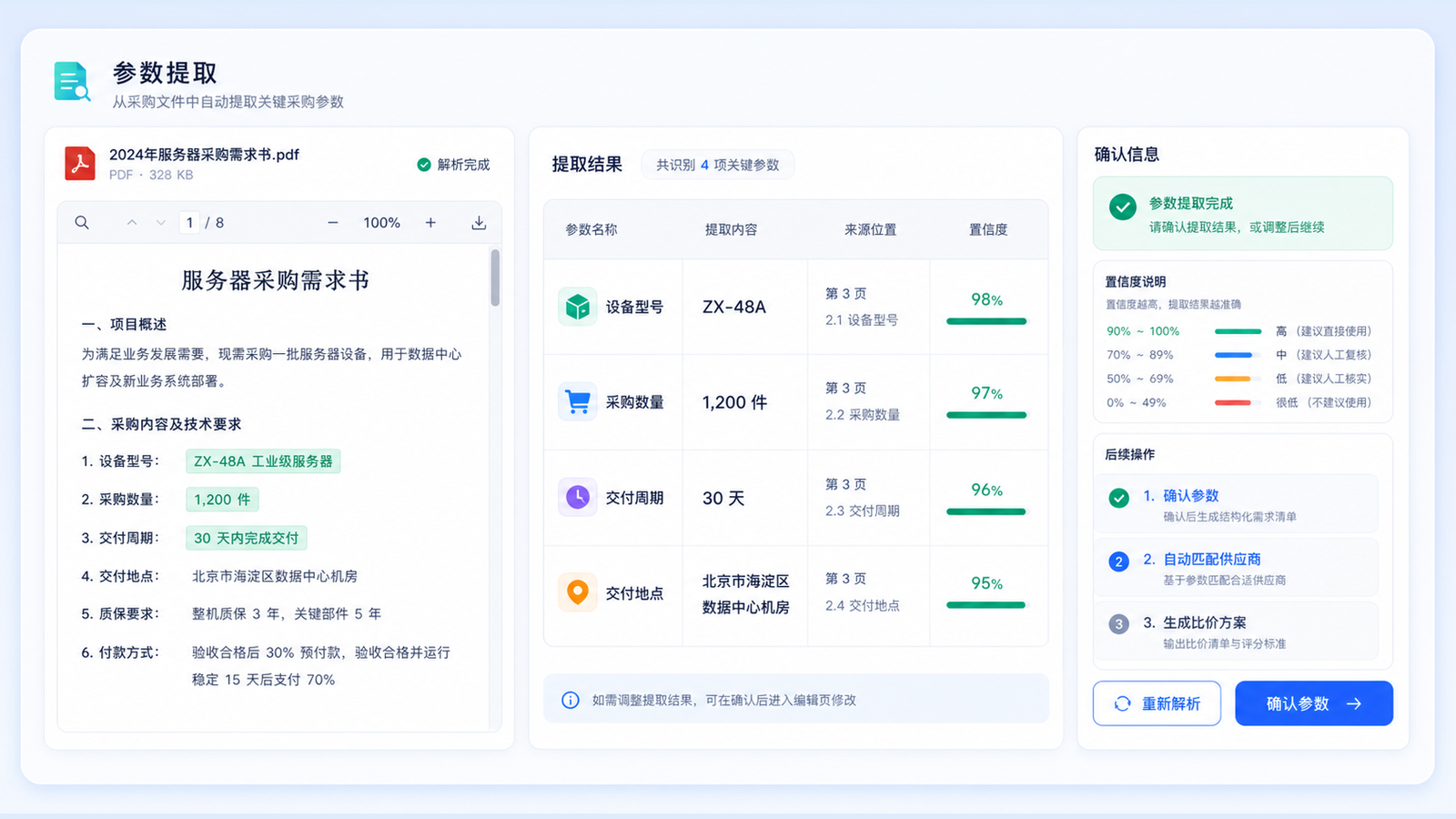 采购文件参数提取界面示意图